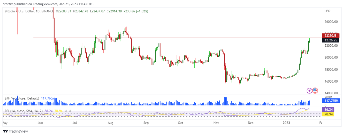 Bitcoin hits 5-month high as bulls push BTC above $23K