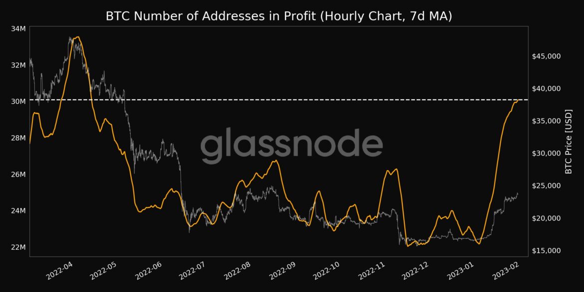 30 million Bitcoin addresses in profit as metric hits 9-month high